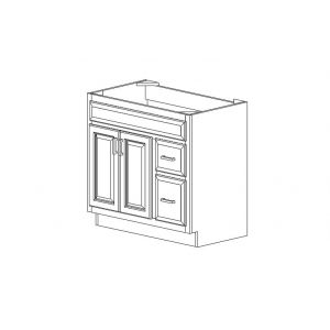 Vanity cabinet (36"W x 34.5"H x 21"D), drawers on the right